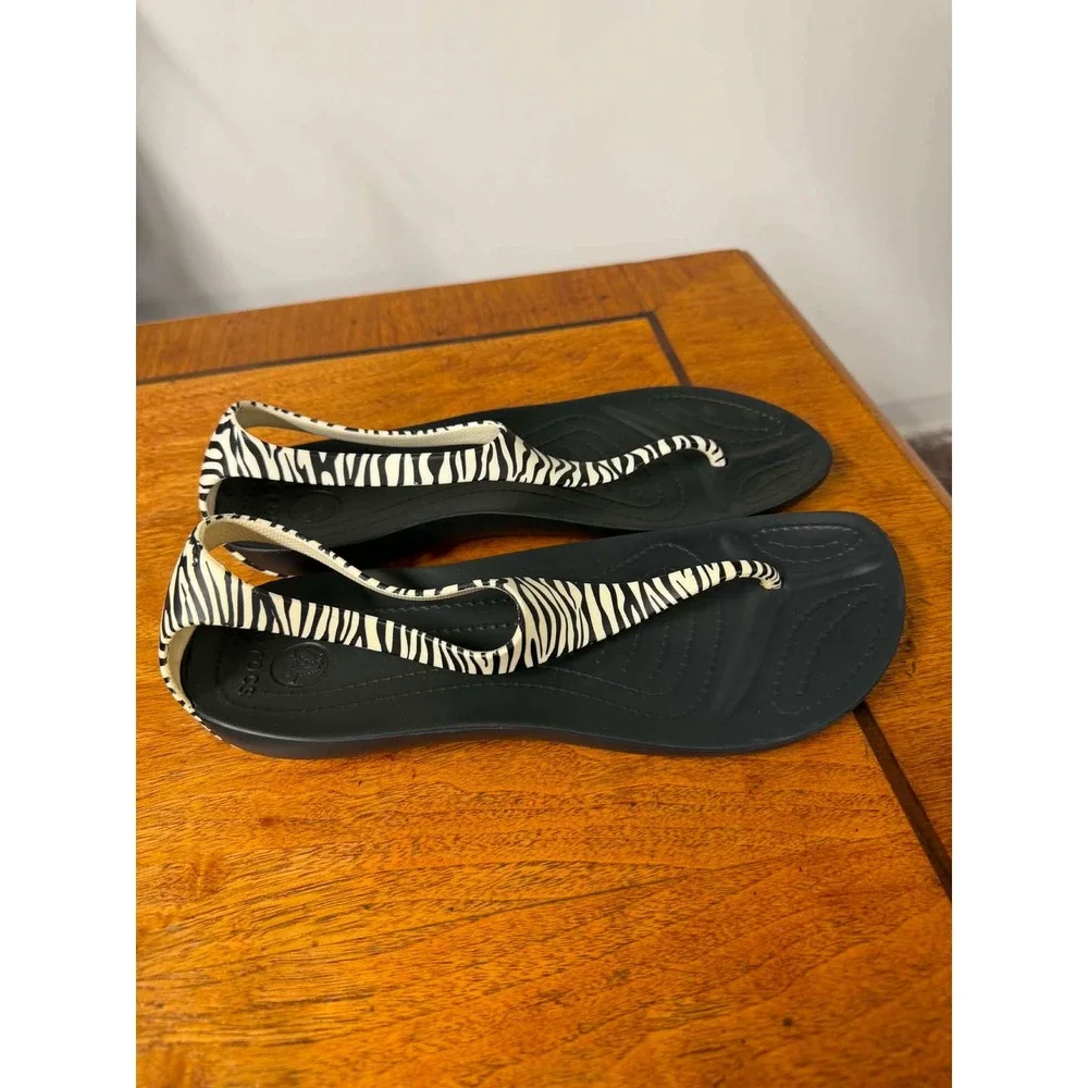 Crocs Sexy Flip Sandals Womens 9 Zebra Print Black White T-Strap Flat Summer